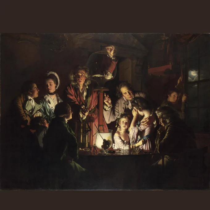 People crowd round a table in this painting; at the centre, a man conducts an experiment on a white bird in a glass vessel.