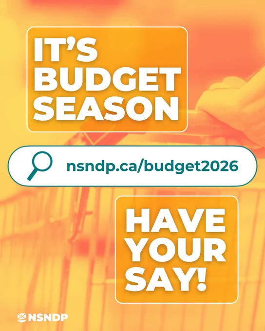 A bright graphic reads “It’s Budget Season” and “Have Your Say!” with a search bar showing nsndp.ca/budget2026, set against a warm orange and yellow background with an NSNDP logo.