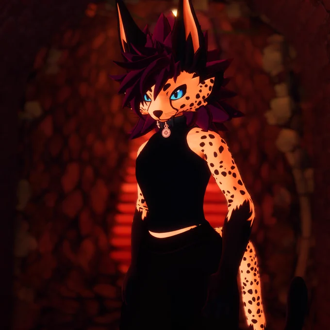 A vrchat photo of a cheetah novabeast in front of an out of focus set of stairs in a rocky cave. His eyes are blue and he wears a sleeveless black top and, black sweatpants and a collar. His eyes are blue and his hair and mane are a dark reddish colour.