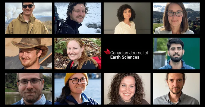Collage of twelve diverse individuals with blurred faces arranged around the Canadian Journal of Earth Sciences logo in the center.