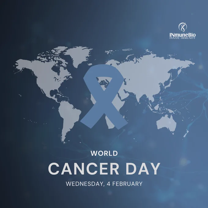 World Cancer Day awareness graphic for INmune Bio featuring a blue background with a light-colored world map and a large blue cancer awareness ribbon centered over the map. Text at the bottom reads “World Cancer Day, Wednesday, 4 February,” with the INmune Bio Innate Immunity logo in the upper right corner.
