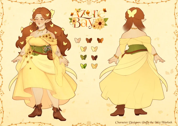a front and back angle of chloe's vtuber

she is a brunette elf with yellow butterflies in her hair
she wears an off the shoulder yellow dress with a green underbust corset, sunflowers are scattered across her shoulders and hips