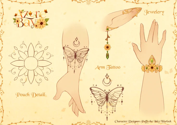 a reference sheet detailing

pouch detail - a sunflower
arm tattoo - a butterfly with a moon above
jewlery - a golden ear cuff and dangling sunflower earring and a gold cuffed bracelet 