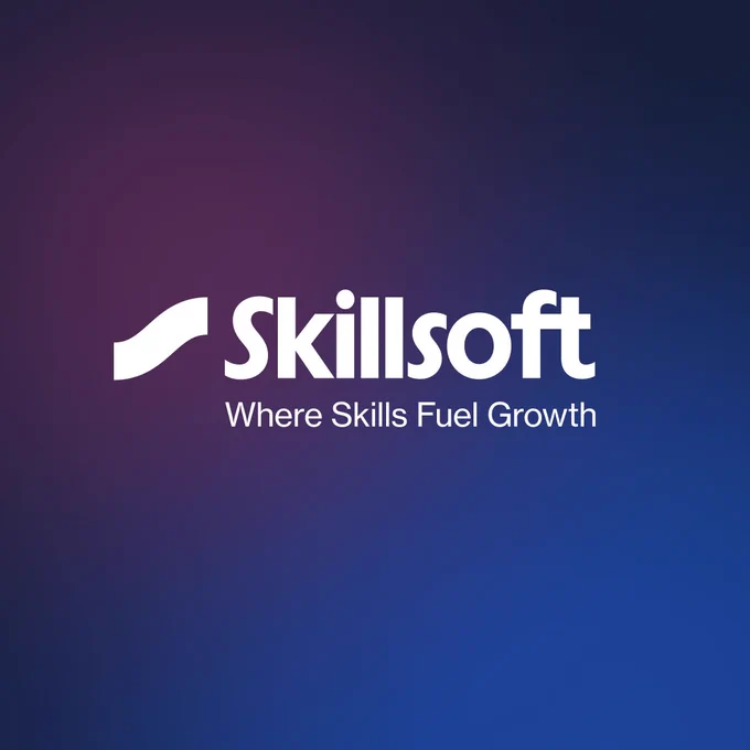 Skillsoft logo with the tagline "Where Skills Fuel Growth" on a gradient background transitioning from dark purple to dark blue.