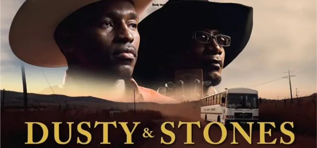 Two people wearing cowboy hats appear above a plain-like landscape along a highway with tour bus.
