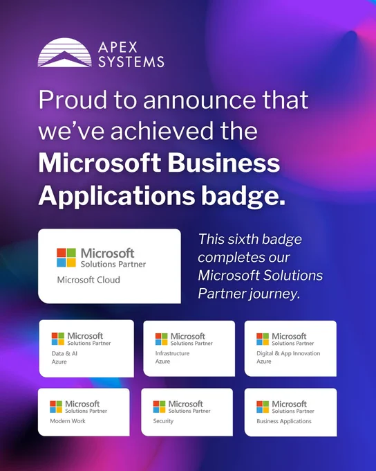 Promotional image announcing Apex Systems' achievement of their sixth Microsoft Business Applications badge. Features various Microsoft partner badges against a purple gradient background.