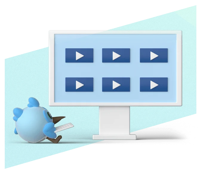 A light blue, fluffy cartoon bird with large dark eyes and a beak sits on the left, holding a small white remote. It looks engaged with a large white-framed monitor on the right, which displays six dark blue video thumbnails, each with a white play icon, arranged in two rows of three.