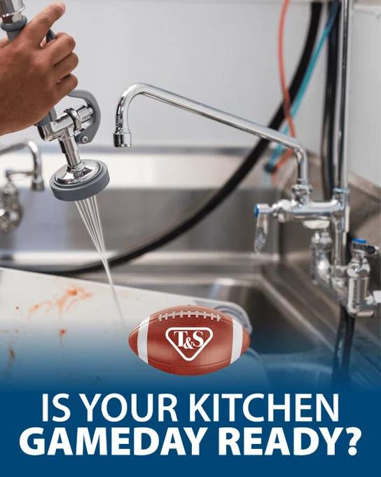Promotional graphic showing a commercial kitchen sink washing dishes with a football themed graphic and text saying "is your kitchen gameday ready?"