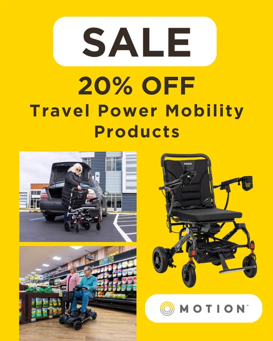 Yellow sale banner offering 20% off on travel power mobility products with images of a foldable power wheelchair and a person shopping using it.