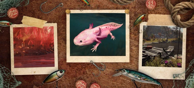 Pink axolotl in a polaroid