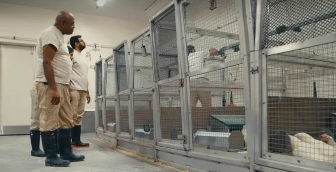IMAGE: Researchers stand beside enclosed pens observing chickens in a laboratory. 