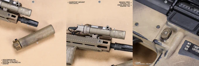 RailScales RSBM-P Polymer M-LOK VFG, QTR-LT Stop, HTP XOS-H & XOS-W M-LOK Scales (3.5-Slot, MiniDot Texture, FDE), QDX Sling Mount, Hardtop Mount for Scout Light Pro Lights, CSMR Mag Button | Sig Sauer RSAR SBR 7.75" 5.56 w/ SLH762C-QD Suppressor, Insight Tech WMX200 Light, L3Harris NGAL-A7 Laser, EOTech SU-231A/PEQ Sight, Magpul 30rd PMAG, 11.5" URGI Upper, Daniel Defense 11.5" 5.56 Barrel, Geissele MK16 URGI Rail, Surefire SOCOM556-RC1 w/ SOCOM 4-Prong Flash Hider, M640V-Pro Scout Light Pro IR Light w/ CSM-07 Switch, Aimpoint Micro T-2 RDS w/ Unity Tactical FAST Micro Mount, Colt M4A1 Carbine Post Sample Lower, LMT Defense Gen 1 SOPMOD Stock w/ KAC M4 Stock Sling Mount, LBT Inc Ultra-Light Two-Point Padded Sling.