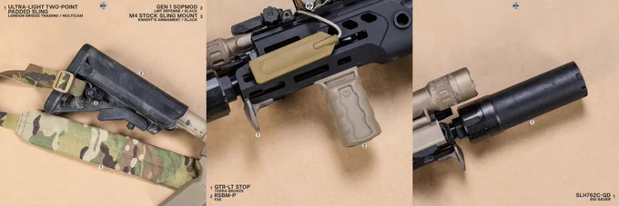 RailScales RSBM-P Polymer M-LOK VFG, QTR-LT Stop, HTP XOS-H & XOS-W M-LOK Scales (3.5-Slot, MiniDot Texture, FDE), QDX Sling Mount, Hardtop Mount for Scout Light Pro Lights, CSMR Mag Button | Sig Sauer RSAR SBR 7.75" 5.56 w/ SLH762C-QD Suppressor, Insight Tech WMX200 Light, L3Harris NGAL-A7 Laser, EOTech SU-231A/PEQ Sight, Magpul 30rd PMAG, 11.5" URGI Upper, Daniel Defense 11.5" 5.56 Barrel, Geissele MK16 URGI Rail, Surefire SOCOM556-RC1 w/ SOCOM 4-Prong Flash Hider, M640V-Pro Scout Light Pro IR Light w/ CSM-07 Switch, Aimpoint Micro T-2 RDS w/ Unity Tactical FAST Micro Mount, Colt M4A1 Carbine Post Sample Lower, LMT Defense Gen 1 SOPMOD Stock w/ KAC M4 Stock Sling Mount, LBT Inc Ultra-Light Two-Point Padded Sling.
