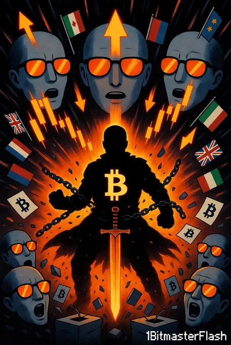 Dramatic comic meme: Shadow Bitcoiner breaks chains amid noise chaos - charts, politics symbols, NPC faces in orange glasses. Wields glowing Bitcoin sword for sovereignty. Neon-orange/black, explosive.