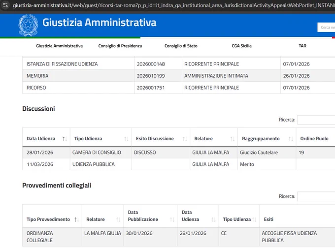 Discussioni/Provvedimenti Fascicolo 148/2026 TAR Roma

https://mdp.giustizia-amministrativa.it/visualizzah2/?nodeRef=&schema=tar_rm&nrg=202600148&nomeFile=202601851_08.html&subDir=Provvedimenti