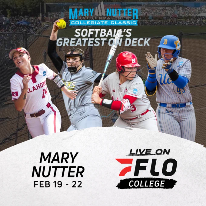 A graphic with four players and text reading “Softball’s greatest on deck” and information saying that the MNCC is live on FloCollege