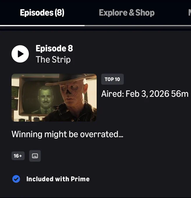 Screenshot of the Fallout Season Two finale live on Prime