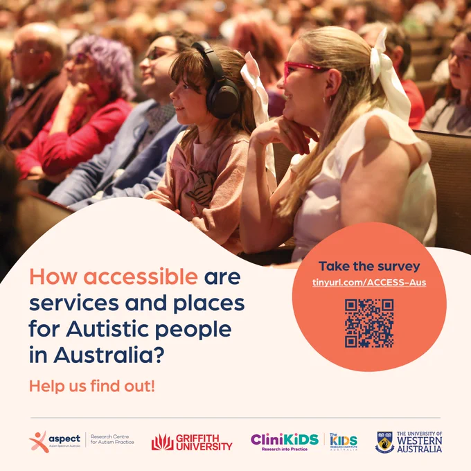 A promotional poster showing a diverse audience seated in a theatre or auditorium. In the foreground, a young child wearing large over-ear headphones sits beside an adult, both smiling and watching a performance. Other audience members of different ages and appearances are visible in soft focus behind them, suggesting a full venue.

Text on the poster reads: “How accessible are services and places for Autistic people in Australia? Help us find out!” To the right, an orange circle includes the words “Take the survey,” a short web link, and a QR code. Along the bottom are logos from Autism Spectrum Australia (Aspect), the Aspect Research Centre for Autism Practice, Griffith University, CliniKids, The Kids Research Institute Australia, and The University of Western Australia.