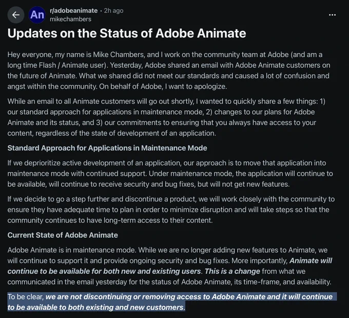 The text is too big for alt text, but hopefully your screen reader can read this. The highlighted area at the bottom says: To be clear, we are not discontinuing or removing access to Adobe Animate and it will continue to be available to both existing and new customers.