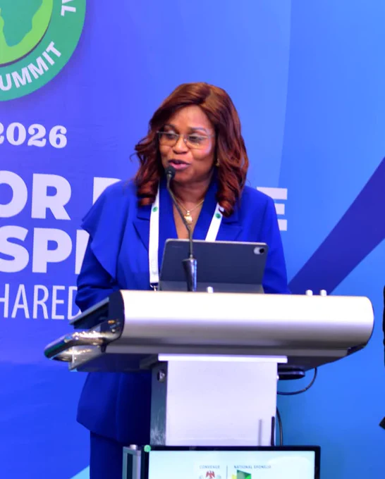 Representative of the Honourable Minister of State Petroleum Resources (Gas) and the Permanent Secretary MPR. Mrs. Patience N. Oyekunle delivering the opening address at the 9th Nigeria International Energy Summit (NIES 2026) in Abuja.