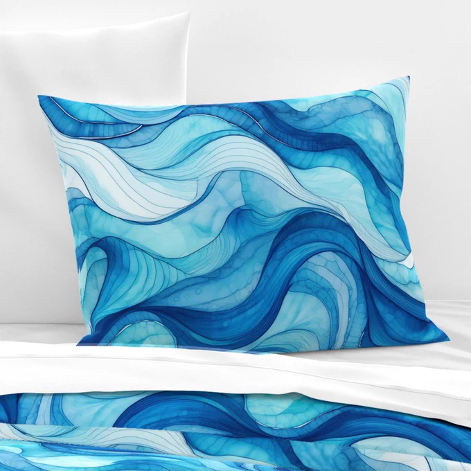 
Waves of various shades of blue intertwine in a fluid and dynamic pattern, resembling the movement of water.