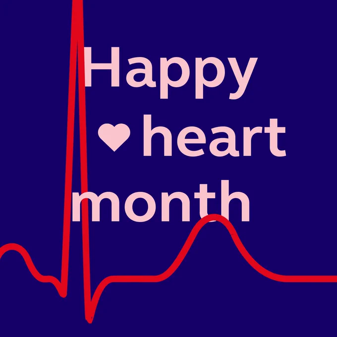 Blue background with "Happy heart month" written in light pink text with a red ECG line going through the design.