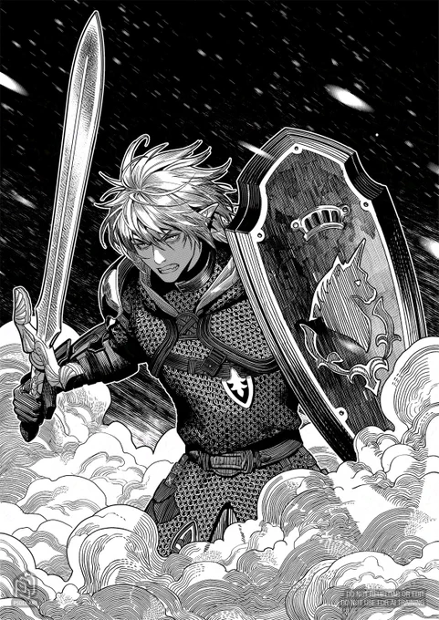 BW illustration of Haurchefant from FFXIV, ready to fight in a stormy snow, raising both his sword and shield, smokes under him