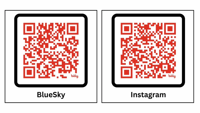 Two square QR codes are shown side by side on a white background. Each QR code is red, surrounded by a thick rounded black border, with a small red Bitly logo in the lower right corner of the code. The QR code on the left is labelled “BlueSky” beneath the image. The QR code on the right is labelled “Instagram” beneath the image. Both labels are in black text and centred below their respective QR codes.