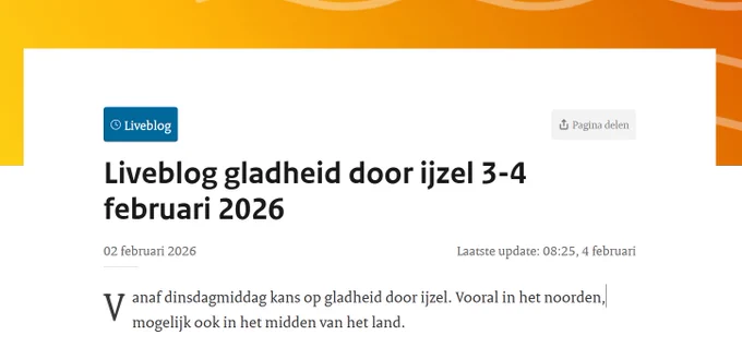 Schermafbeelding van liveblog gladheid door ijzel februari 2026. Bron: KNMI