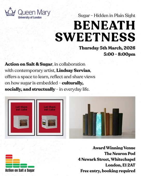 Image: Event poster - "Beneath Sweetness: Sugar, hidden in plain sight. Thursday 5th March, 5-8pm"