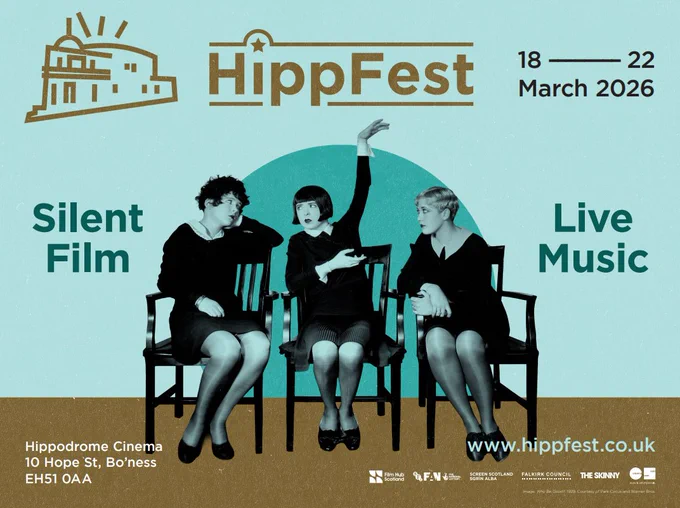 A colourful blue and teal poster graphic with three women seated and text which reads Silent Film Live Music'