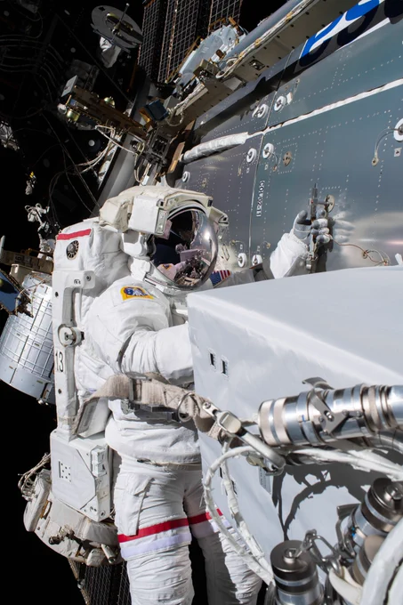 NASA astronaut Michael Hopkins is pictured installing the communications device – roughly the size of a cool box – outside ESA’s Columbus laboratory on 27 January 2021. Since then, the Columbus Ka-band antenna (ColKa) has supported research and operations from orbit through reliable, high-speed communications. 