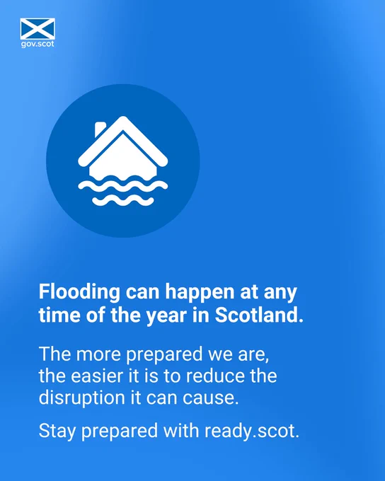 Flooding can happen at any time of the year in Scotland. The more prepared we are, the easier it is to reduce the disruption it can cause. Stay prepared with ready.scot.