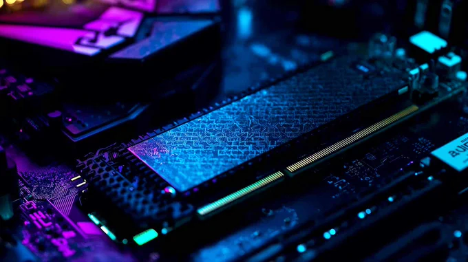 A hyper-realistic, cinematic close-up photograph of a high-end NVMe M.2 SSD being installed into a dark, RGB-lit gaming motherboard. The lighting is moody "cyberpunk" blue and teal, highlighting the texture of the graphene heat spreader and the gold connector pins. Shallow depth of field focuses sharply on the controller chip while the background blurs into soft bokeh lights. High resolution, 8k, macro photography style.