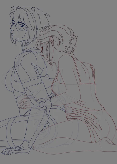 Sketch of Ariane sitting behind Elster, kissing her on her back.