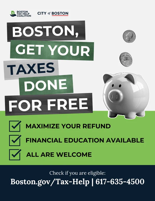 Promotional graphic encouraging Boston residents to get free tax filing help with refund maximization and financial education.