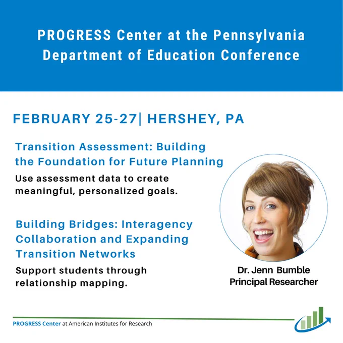 A promotional graphic for the PROGRESS Center at the Pennsylvania Department of Education Conference. The top section has a blue background with white text that reads: “PROGRESS Center at the Pennsylvania Department of Education Conference.” Below, on a white background, the event dates and location are listed: “FEBRUARY 25-27 | HERSHEY, PA.”
Two session titles are highlighted in blue text:

“Transition Assessment: Building the Foundation for Future Planning” with the description, “Use assessment data to create meaningful, personalized goals.”
“Building Bridges: Interagency Collaboration and Expanding Transition Networks” with the description, “Support students through relationship mapping.”

On the right side, there is a circular photo of a person. Below the photo, the text reads: “Dr. Jenn Bumble, Principal Researcher.” At the bottom, there is a small PROGRESS Center logo and the text: “PROGRESS Center at American Institutes for Research.”