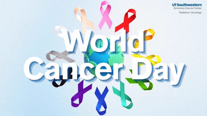 A graphic for world cancer day with different colored ribbons surrounding an Earth graphic.