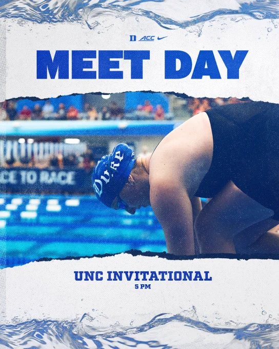 Informational graphic stating that Duke swimming is competing in the U N C Invitational at 5 PM. Duke swimmer Emily Kantner is featured on the graphic.