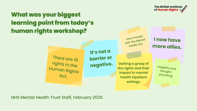Graphic with colourful sticky notes answering the question “What was your biggest learning point from today’s human rights workshop?” Responses include: “There are 16 rights in the Human Rights Act,” “It’s not a barrier or negative,” “How it works with the Mental Health Act,” “Getting a grasp of rights and their impact in mental health inpatient settings,” and “I now have more allies.” British Institute of Human Rights logo in the corner.