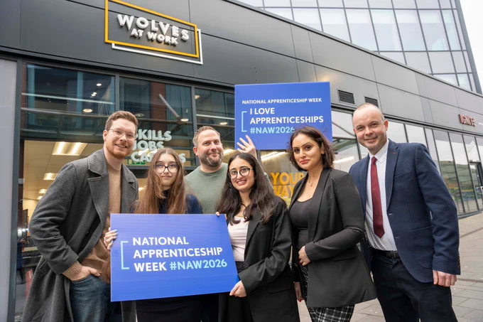 Pictured left to right: Councillor Chris Burden, Cabinet Member for City Development, Jobs and Skills, Tiah Faulkner, Data Protection and Information Governance Apprentice at City of Wolverhampton Council, Paul Goode, Engagement Broker, Workpays, Jasmeen Kaur, Health & Safety Apprentice Level 3 at City of Wolverhampton Council, Baljinder Kaur, Wolves at Work Team Leader, Richard Hewitt, City of Wolverhampton College Assistant Principal - Business and Growth, outside the Wolves at Work employment hub at i10
