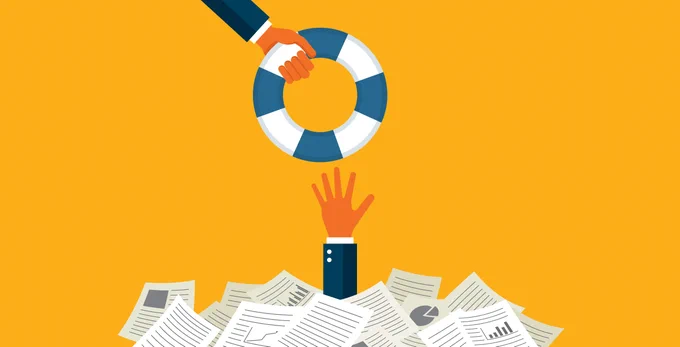 Illustration of a person reaching for a life ring above a pile of papers, symbolizing help and support in overwhelming times. The background is bright orange.