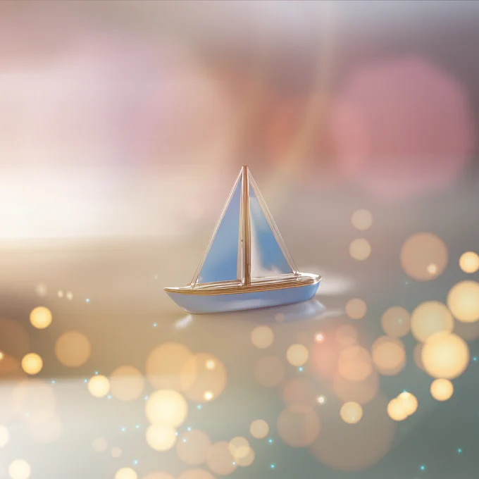 Blue sailboat sailing as if in the sky, colorful background, image edited in Photoshop.