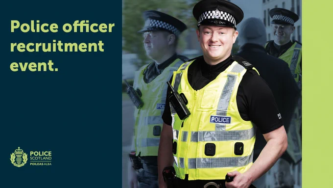 Graphic featuring a male uniformed police officer smiling facing the camera, with photos in background of officer engaging with public. Text on graphic reads: Police officer recruitment event.