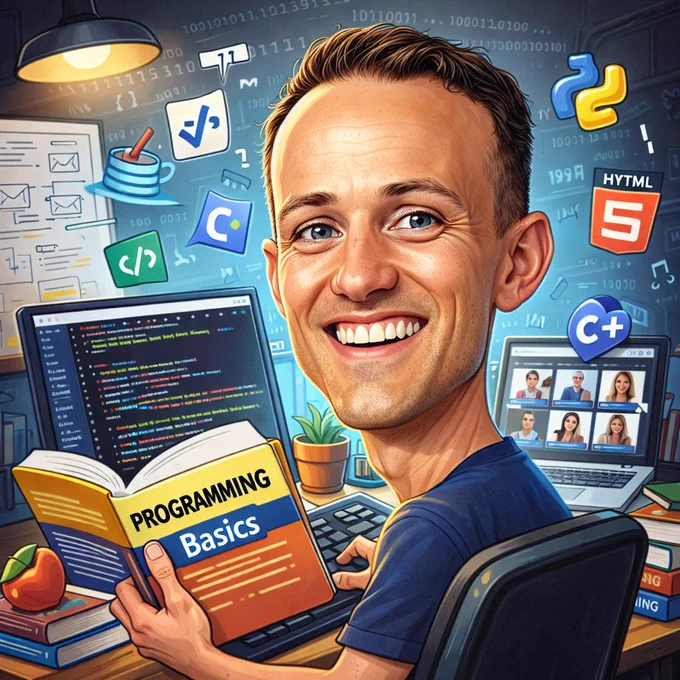 Smiling caricature of a software developer and educator sitting at a desk with multiple screens of colorful code, holding a “Programming Basics” book, surrounded by programming icons, a video call on a laptop, and teaching diagrams on a whiteboard in a bright, digital workspace.