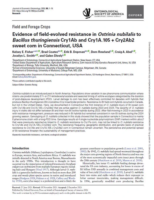 Screenshot of a recently published scientific article in the Journal of Economic Entomology describing the first documented evidence of European corn borer damage to Bt sweet corn in Connecticut.