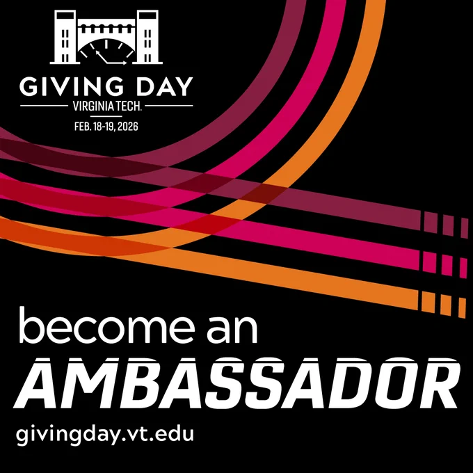 A Giving Day graphic features orange, pink, and maroon linework. It reads "beome an ambassador."
