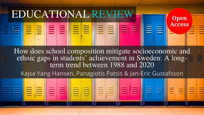 The background image shows colourful lockers in a school corridor. This is overlaid with the ‘Educational Review’ journal title at the top. In the middle is the article title and author name(s): ‘How does school composition mitigate socioeconomic and ethnic gaps in students’ achievement in Sweden: A long-term trend between 1988 and 2020’ by Kajsa Yang Hansen, Panagiotis Patsis & Jan-Eric Gustafsson. The words “Open Access” appear in a red circle.