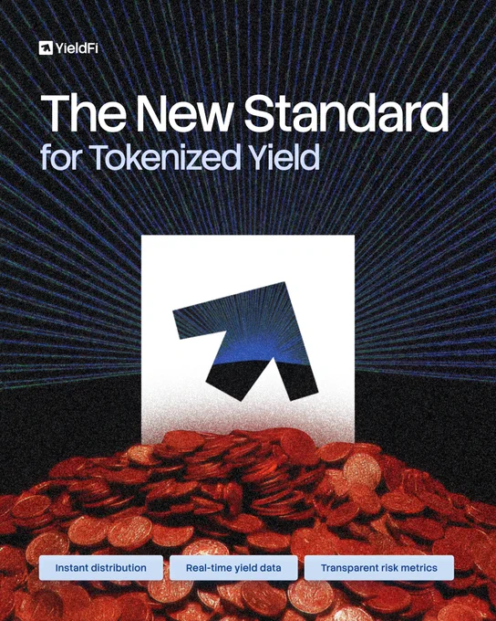 Bold headline declaring a new standard for tokenized yield, stylized arrow logo above a pile of red coins with radial blue lines and three feature tags.