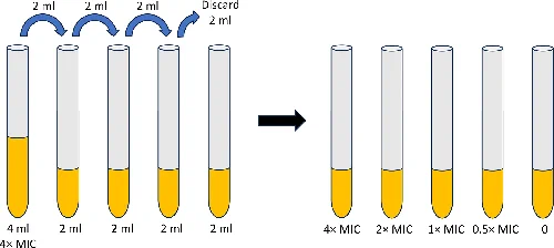 Fig. 1.
Illustration of serial dilution technique for MIC testing. Sequential transfer of 2 ml solution creates a concentration gradient across five tubes. Final tubes contain decreasing concentrations labelled as 4x, 2x, 1x, 0.5x and 0 MIC.